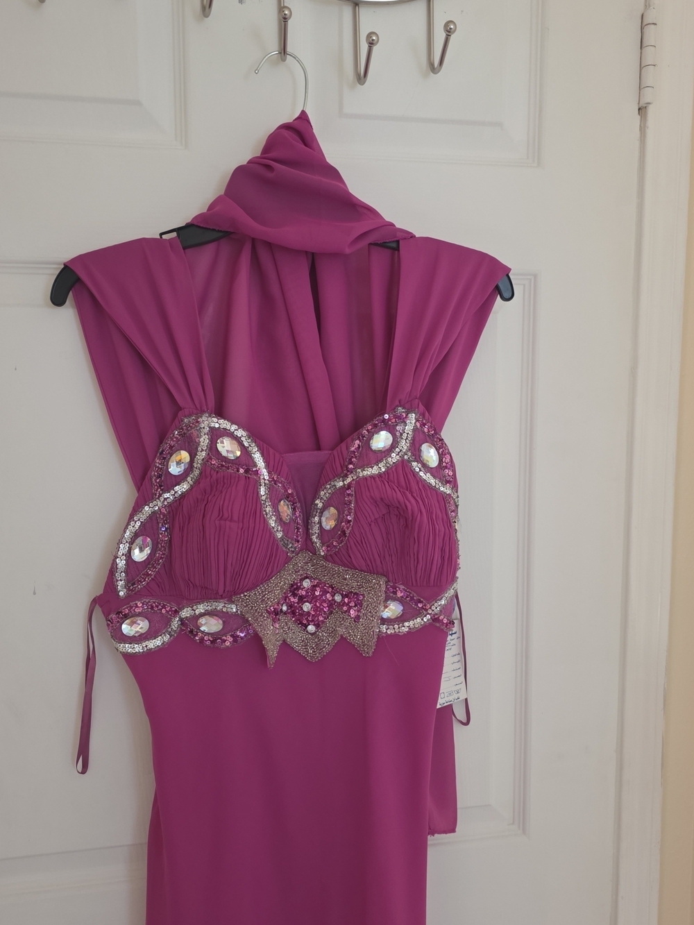 Fuchsia Sequin-Embellished Halter Evening Gown